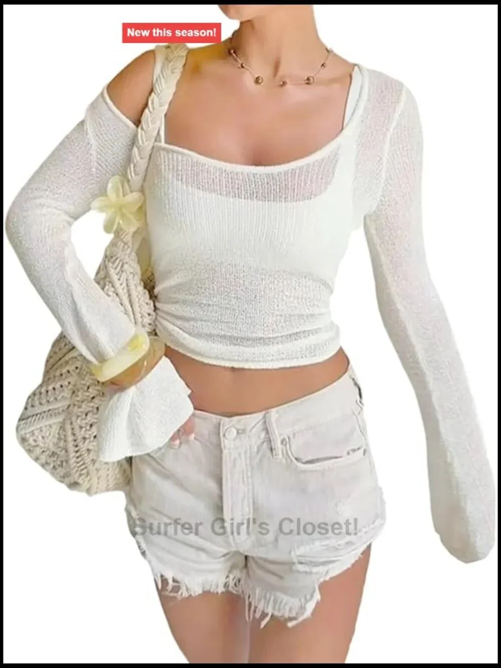 Sheer Long Bell Sleeve Knit Swim Cover Up Top Lightweight